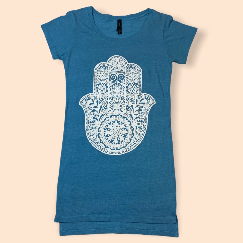 Easy Wear Blue Short Sleeve Mandala Graphic T-Shirt Dress Women’s Size Small
